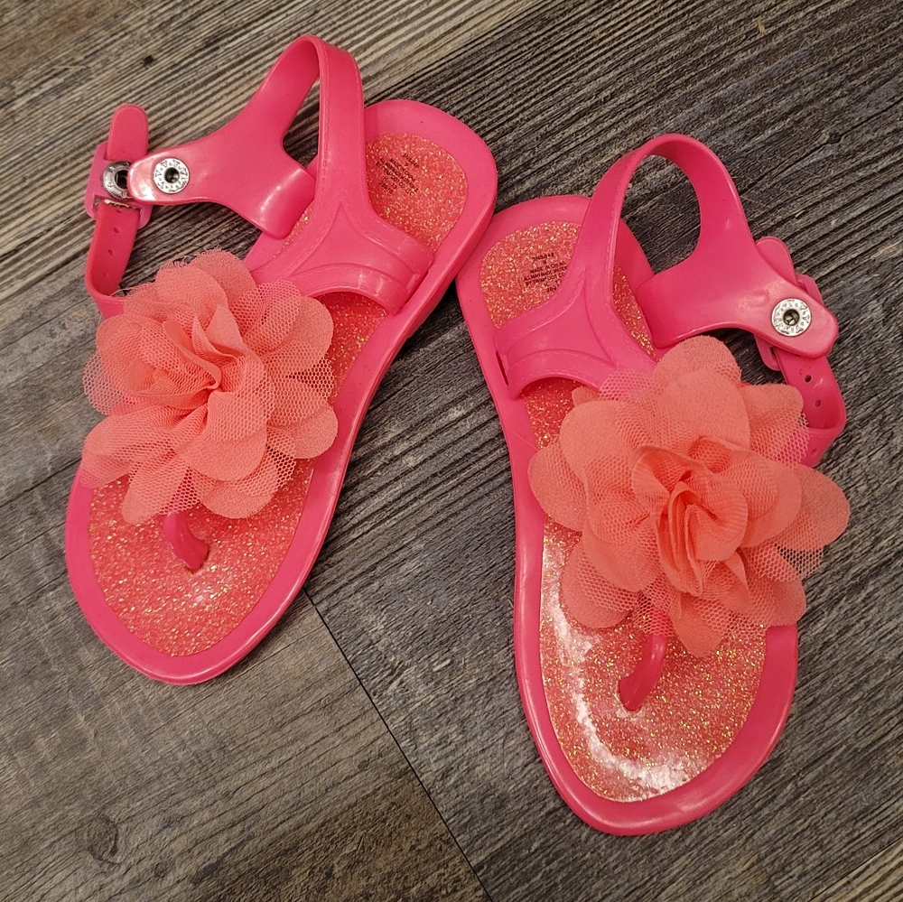 Toddler Girls Pink Flower Jelly Sandals By Trimfoot Co. Size US 9 Snap On Shoes
